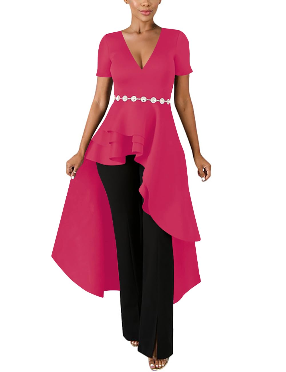 Lrady Womens V Neck Short Sleeve High Low Cocktail Party Dresses Peplum Tunic Tops Shirt Dress