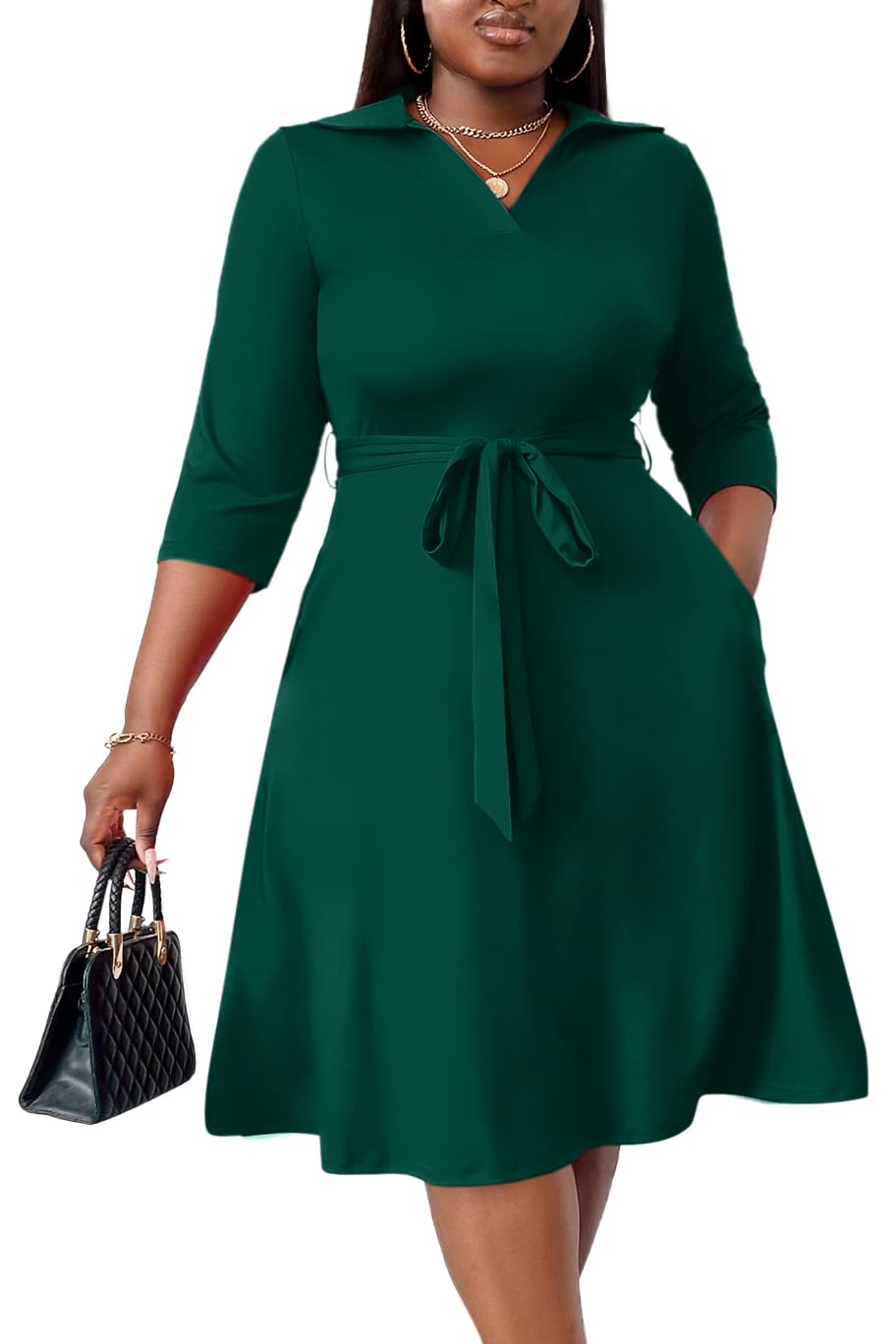 FANDEE Plus Size Midi Dress for Women Casual - Fit and Flare Summer Dresses | Semi Formal,African Print,Polo Collar Cocktail Dress,With Pockets And Belt