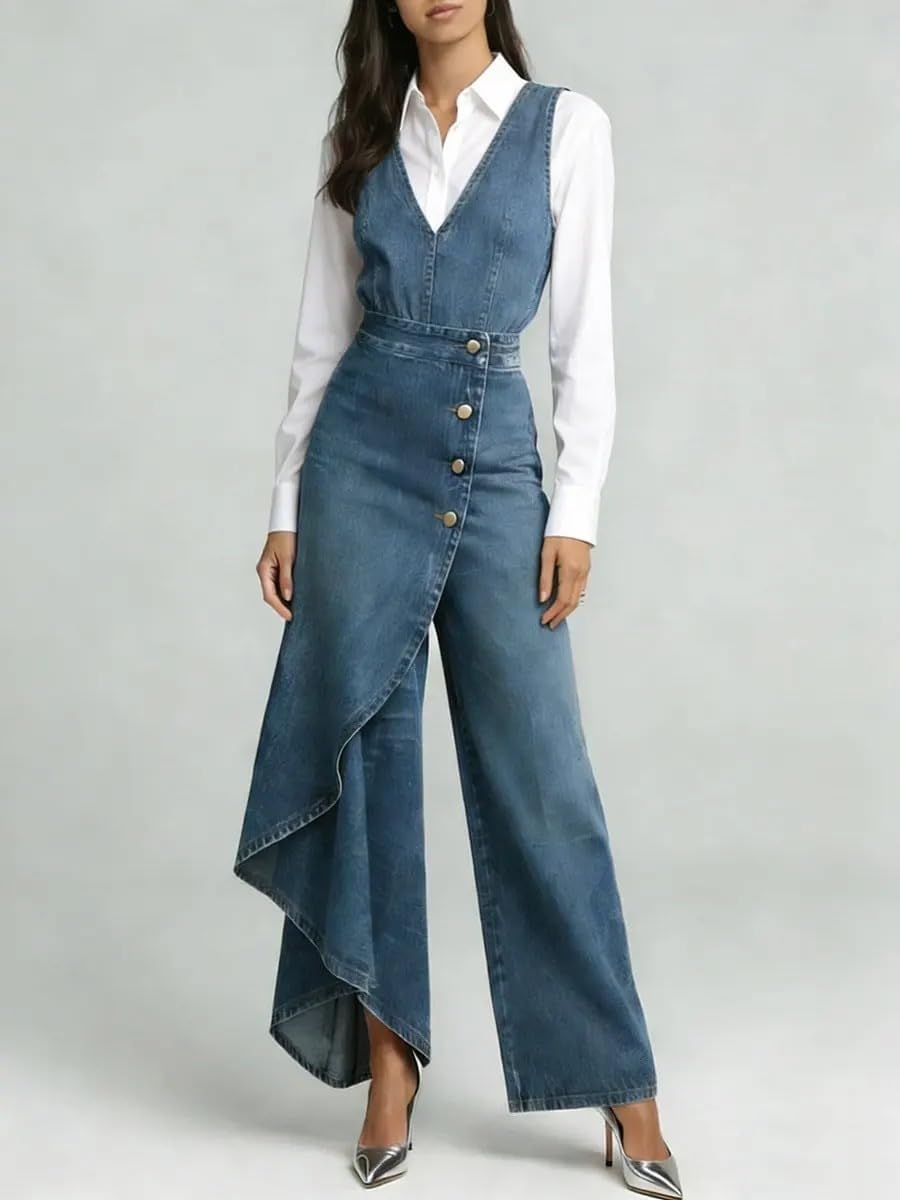 Denim Jumpsuit for Women Sleeveless Irregular Wide Leg Jumpsuits Trendy Cowgirl Western Outfits