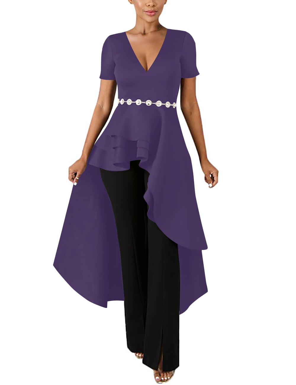 Lrady Womens V Neck Short Sleeve High Low Cocktail Party Dresses Peplum Tunic Tops Shirt Dress