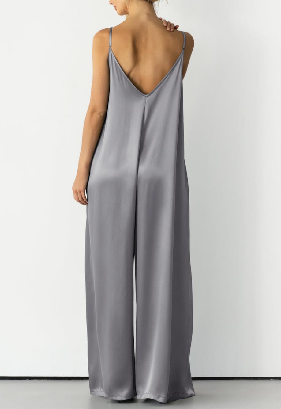 Womens Satin Wide Leg Jumpsuits Dressy Flowy Date Night Rompers Outfits | Silky Fabric,Casual Relaxed Fit,Formal,Wedding Guest,cocktail,Sexy V Neck,Spaghetti Strap,Summer,One Piece Outfit