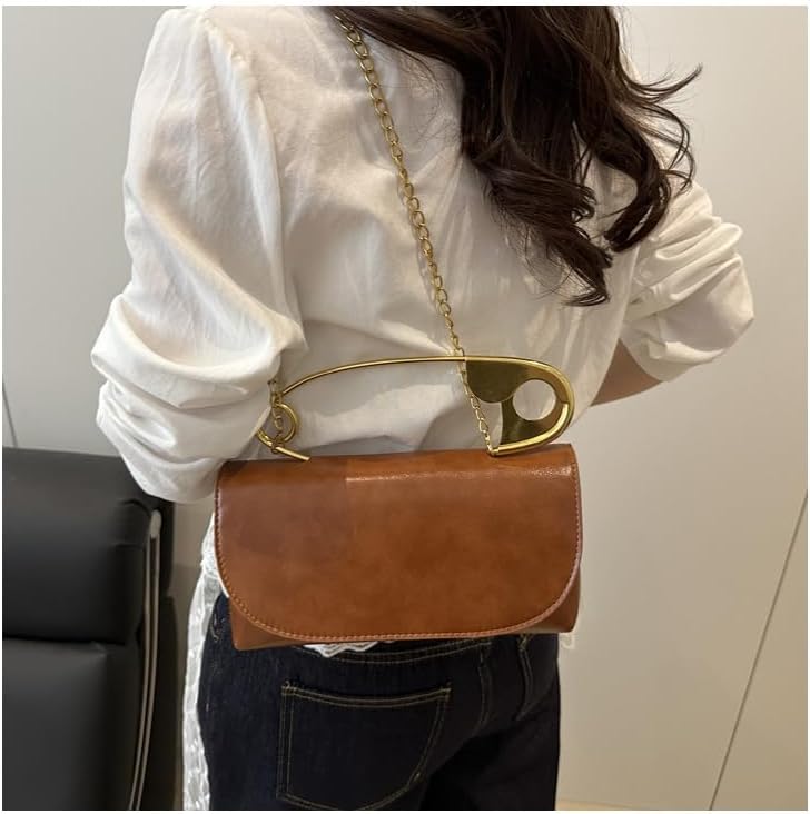Women's Unique Safety Pin Crossbody Purse | Leather Clutch Bag Gold Handles Chain novelty clutch