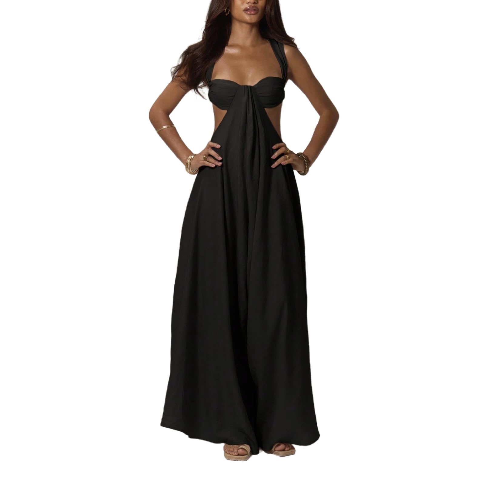 REASERAL Womens Casual Jumpsuit Halter Hollow Out Backless Top Wide Leg Pants Summer Vacation Jumpsuit