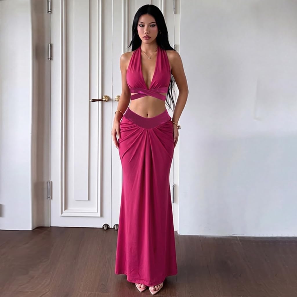 VOIKERDR Party Outfits for Women Halter Deep V Cross Wrap Crop Top Front Ruched Maxi Skirt Sets Women 2 Piece Outfits