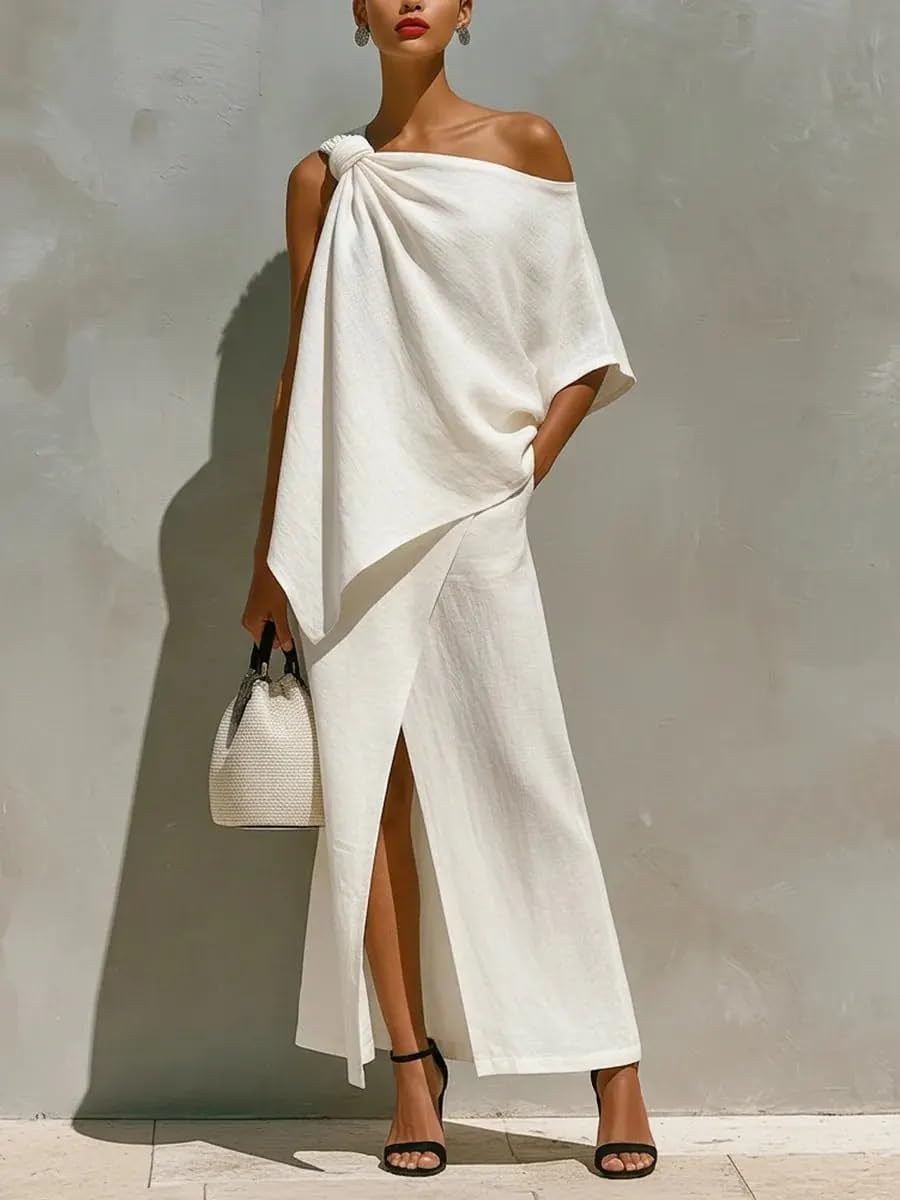 2 Piece Sets for Women Off Shoulder Irregular Hem Top and Slit Maxi Skirt Summer Casual Outfits