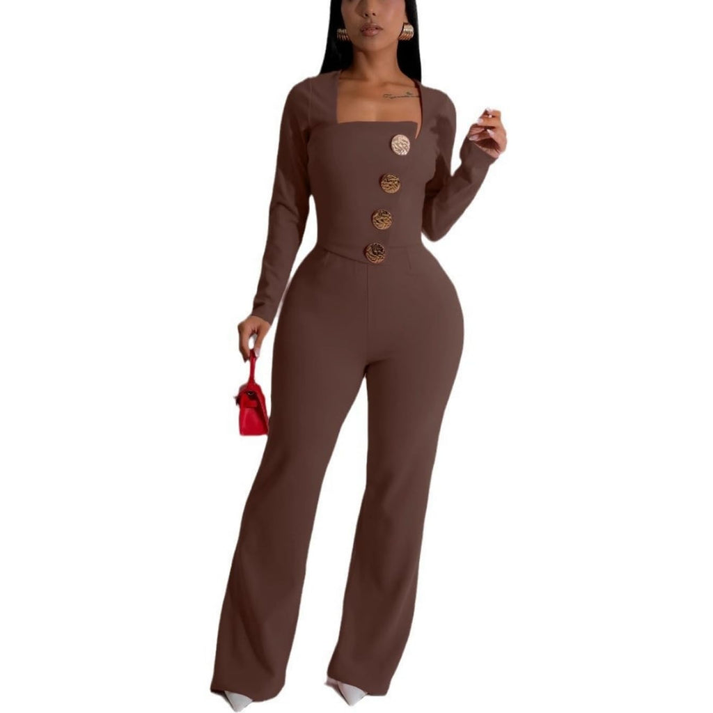 Women's fashionablesexyeleganthigh waistedwide leg pantsclub business party button jumpsuit