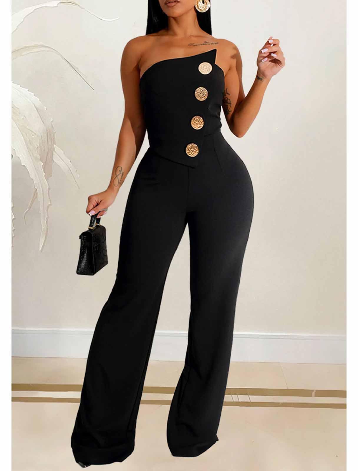 Yuopeid Women's Sexy Strapless Off Shoulder Bodycon Tube Top Overalls Jumpsuit Wide Leg Pants Formal Party Rompers