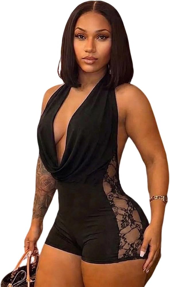 Women Mesh Halter Neck Bodysuit Romper Deep V Backless Lace Side Short Jumpsuit Sexy Outfits For Night Party