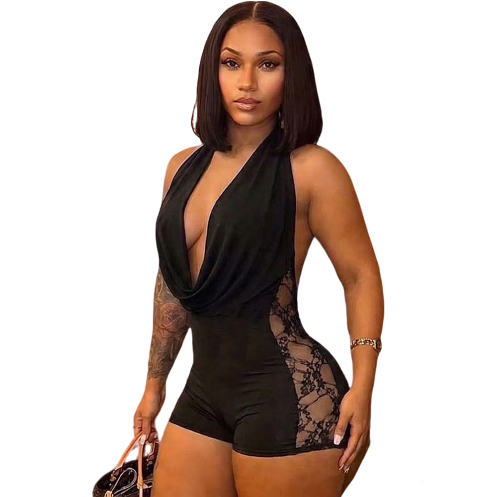 Women Mesh Halter Neck Bodysuit Romper Deep V Backless Lace Side Short Jumpsuit Sexy Outfits For Night Party