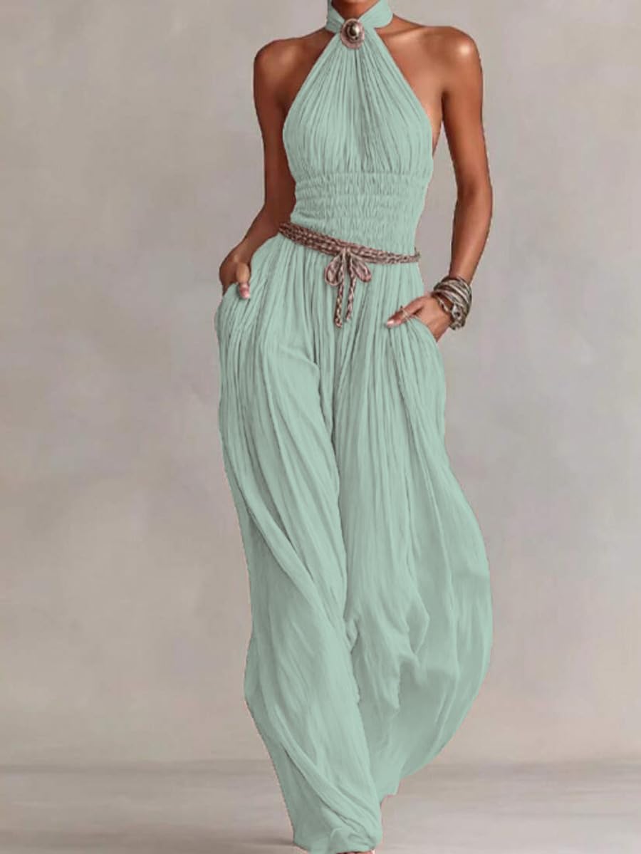Wuitrie Women's Boho Halter Jumpsuit Pink Shirred Waist Wide Leg Pant Romper Vacation Party Outfits