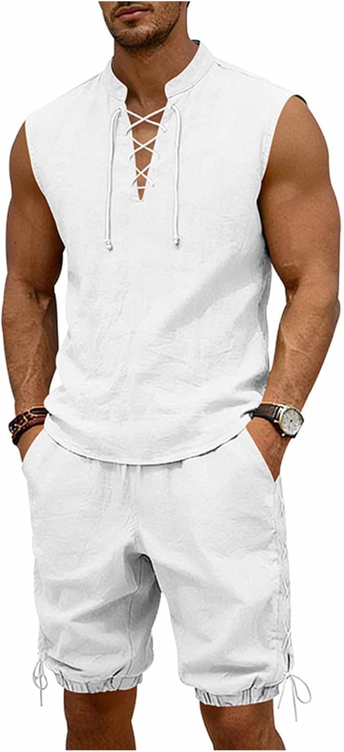 Cambkatl 2 Piece Outfits for Men Lightweight Linen Shorts Set Laceup V Neck Sleeveless Tank Top Matching Sets with Pockets