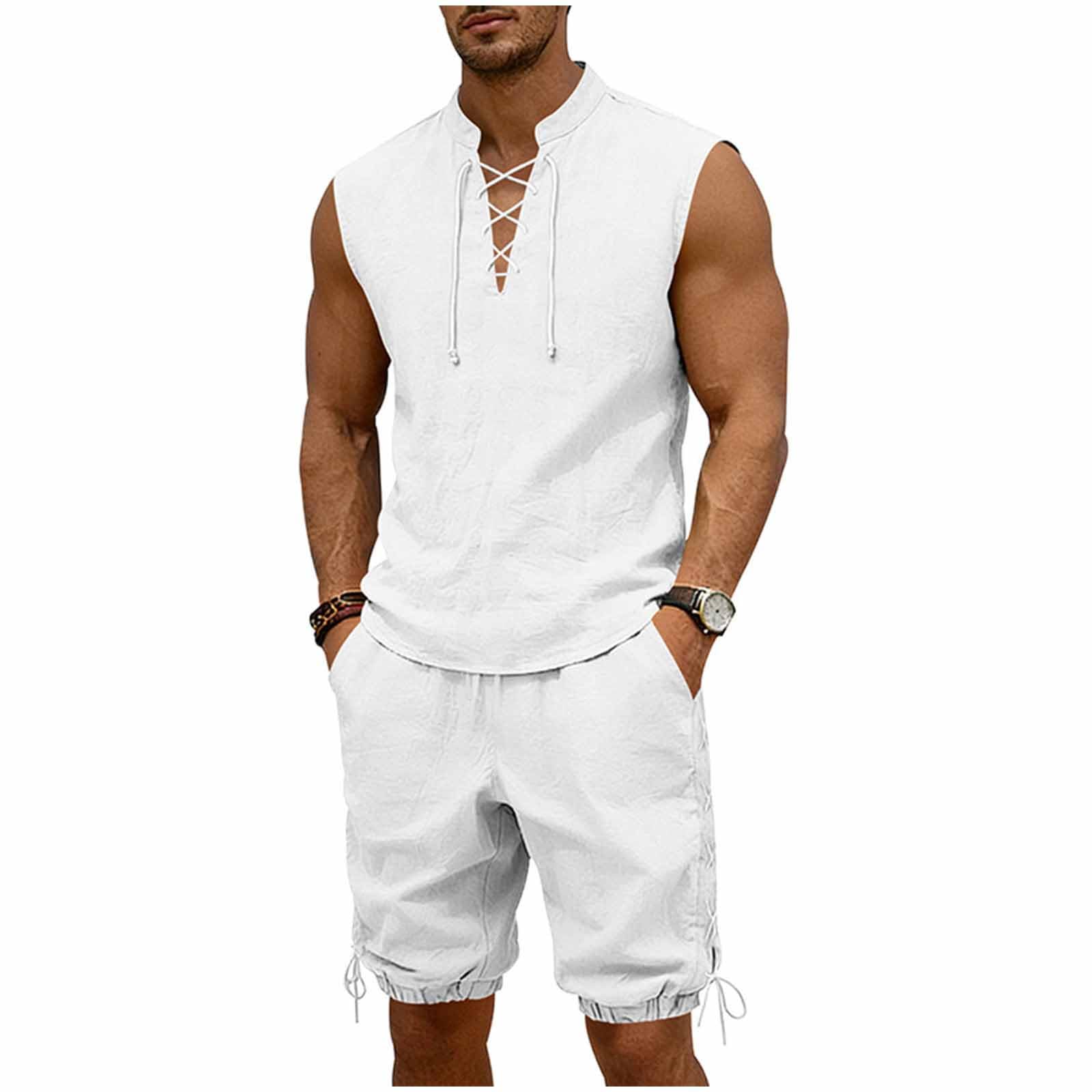 Cambkatl 2 Piece Outfits for Men Lightweight Linen Shorts Set Laceup V Neck Sleeveless Tank Top Matching Sets with Pockets