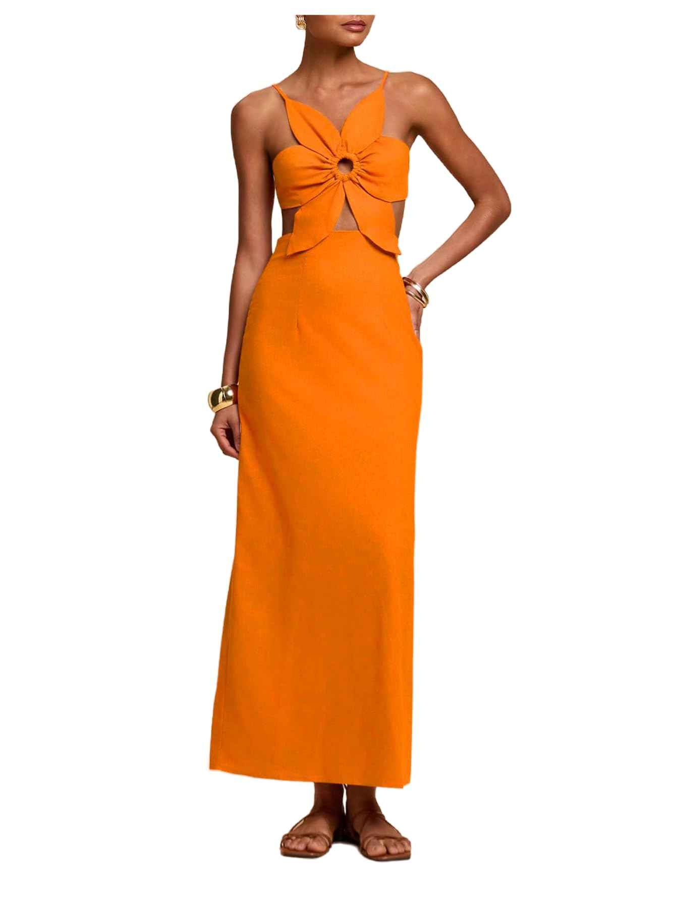 SHENHE Women's Petal Backless Linen Maxi Dress Cut Out Vacation Dresses | Keyhole, Spaghetti Strap, Open Back, Long Dress, Zipper, Summer, Date Night, Cami Dresses