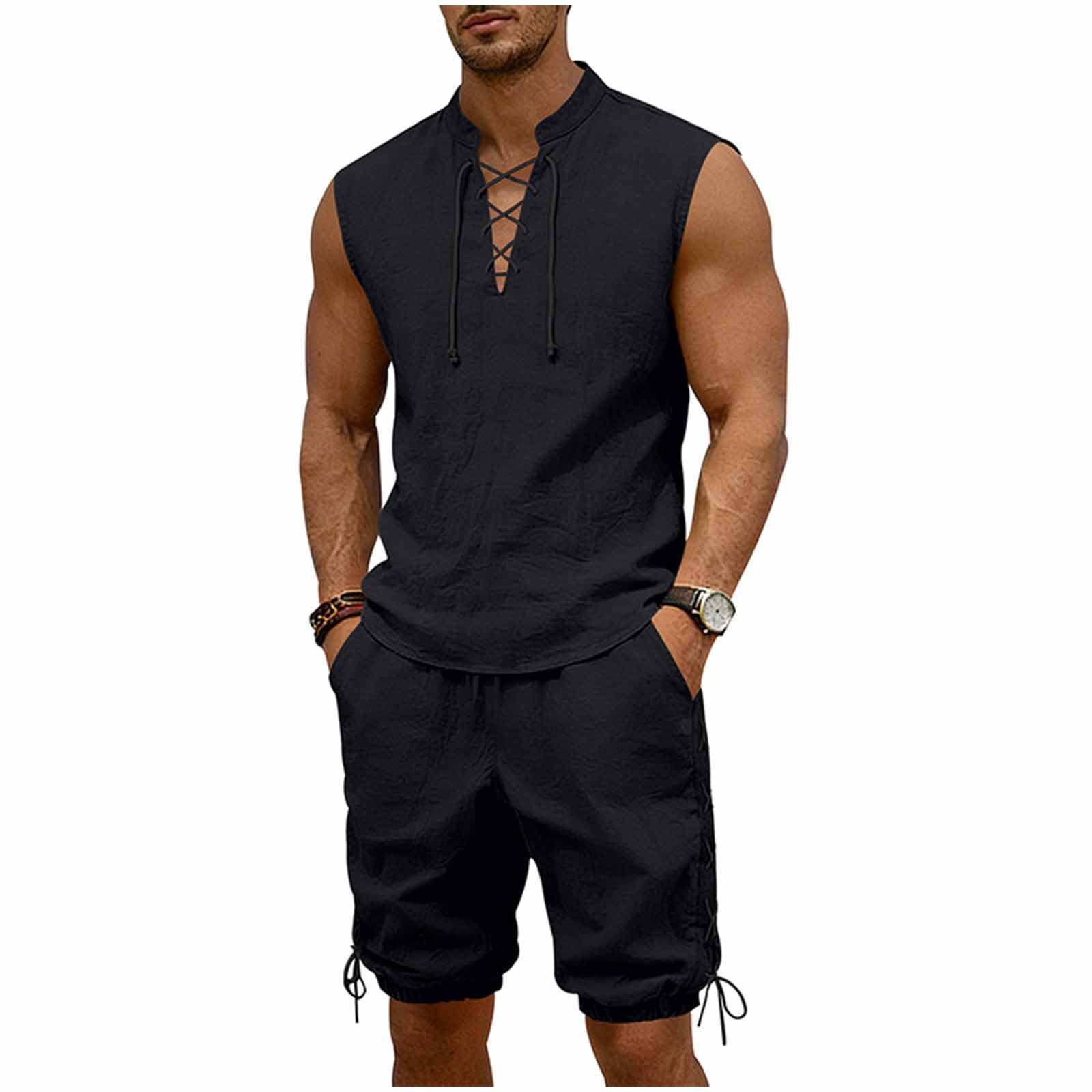 Cambkatl 2 Piece Outfits for Men Lightweight Linen Shorts Set Laceup V Neck Sleeveless Tank Top Matching Sets with Pockets