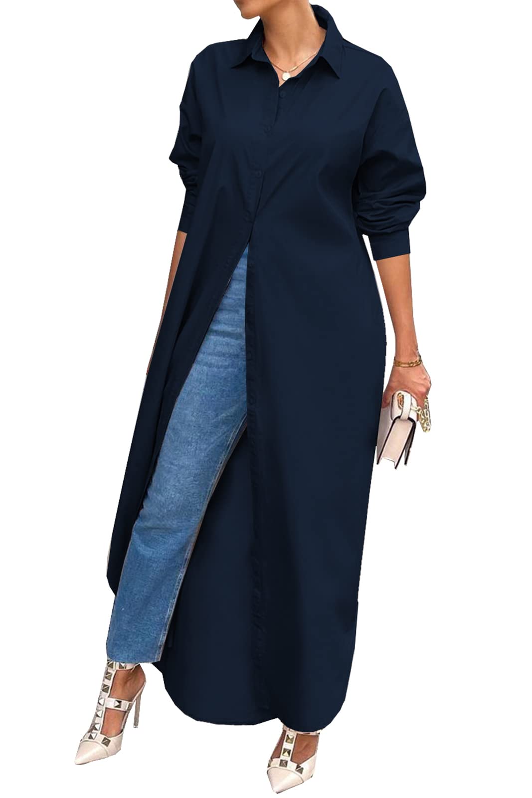 Shirt Dresses for Women Casual Long Sleeve Cotton Button Down Maxi Dresses | Oversized,Solid Color,Loose Fit,Plus Size,Long Shirts,Button Down Dress