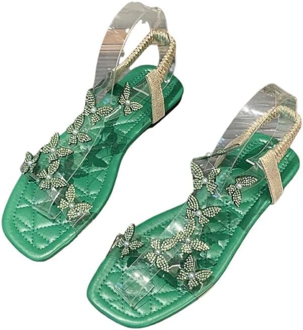 Women's Butterfly Rhinestone Flat Sandals Glitter Sparkly Bling Strappy Open Toe Elegant Transparent Elastic Strap Gladiator Sandals for Dressy Summer Wedding Bridal Prom Travel Daily Wear