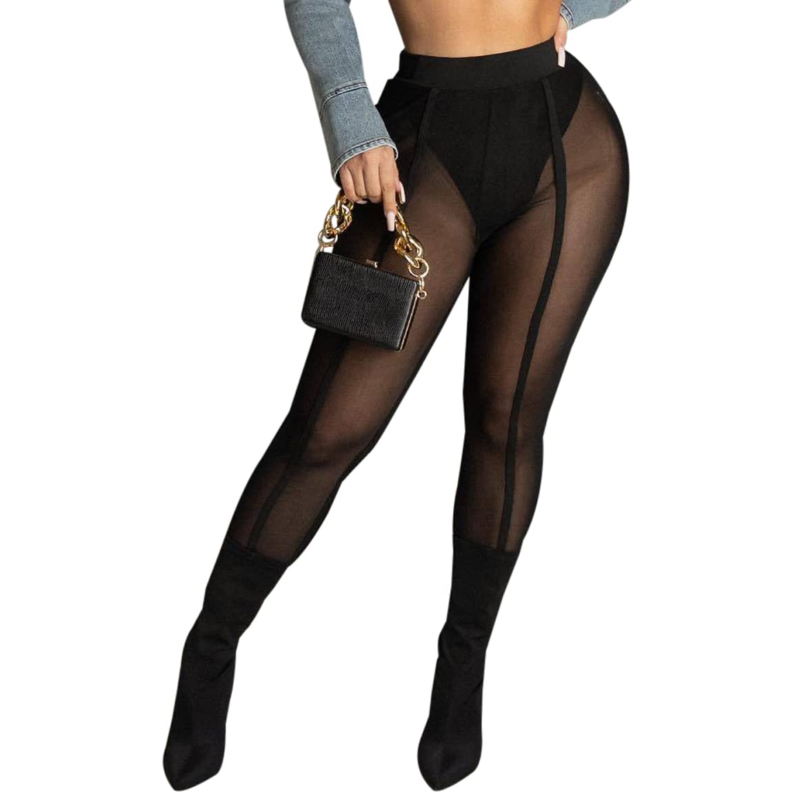 Women's Sexy See Through Sheer Mesh Pants Leggings High Waist Casual Sweatpants Tights