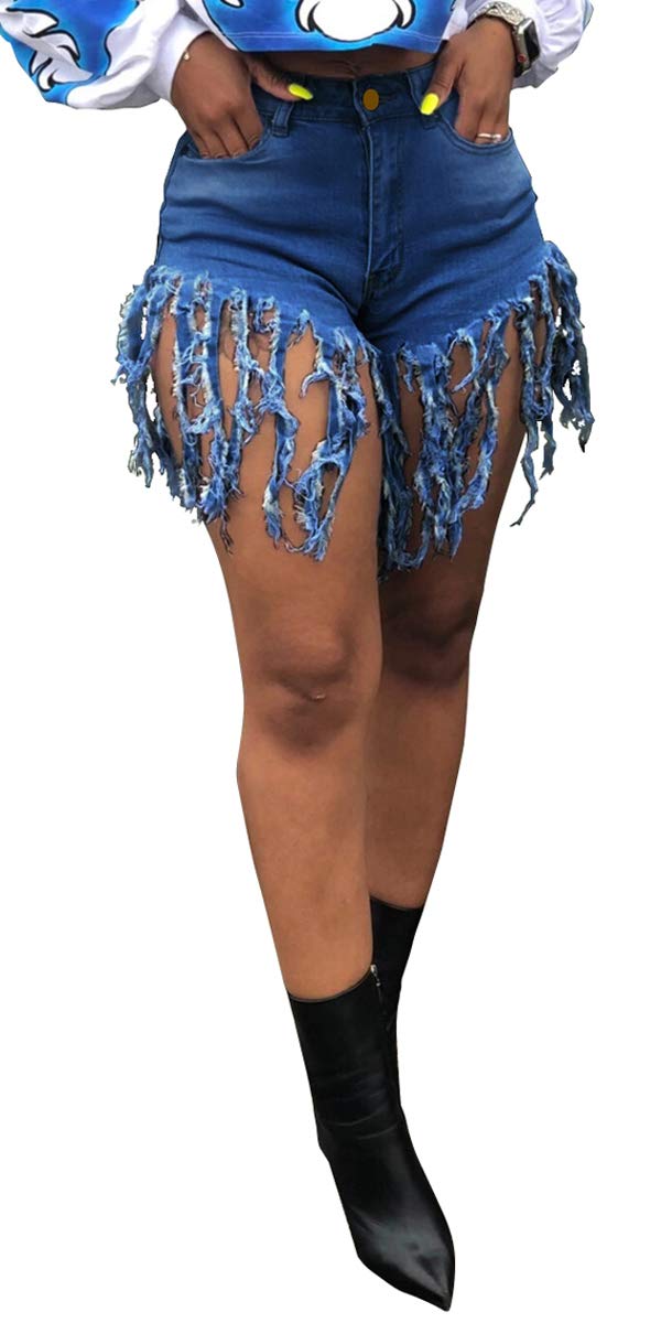 Women's Denim Shorts High Waisted Frayed Raw Hem Ripped Short Jeans | Fringe,Summer,Stretchy,with Pockets