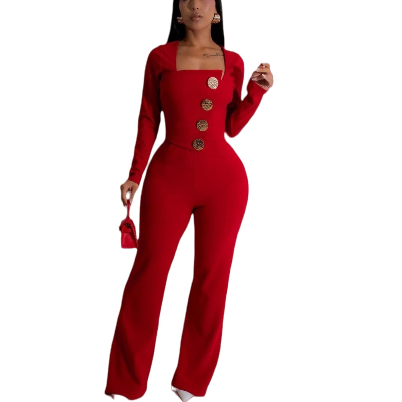 Women's fashionablesexyeleganthigh waistedwide leg pantsclub business party button jumpsuit