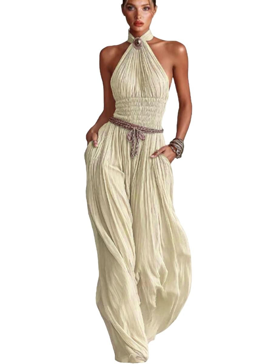 Wuitrie Women's Boho Halter Jumpsuit Pink Shirred Waist Wide Leg Pant Romper Vacation Party Outfits