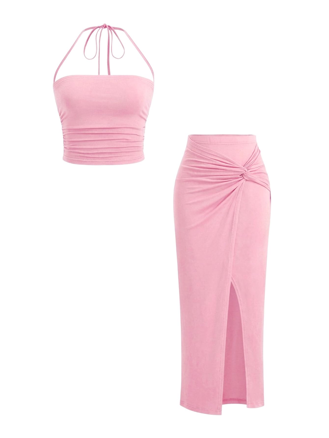 Verdusa Women's 2 Piece Set Summer Vacation Outfits Going Out Matching Set | Ruched Crop Halter Top, Asymmetrical Slit Long Skirt, Two Piece Skirt Set for Women, Summer Sets