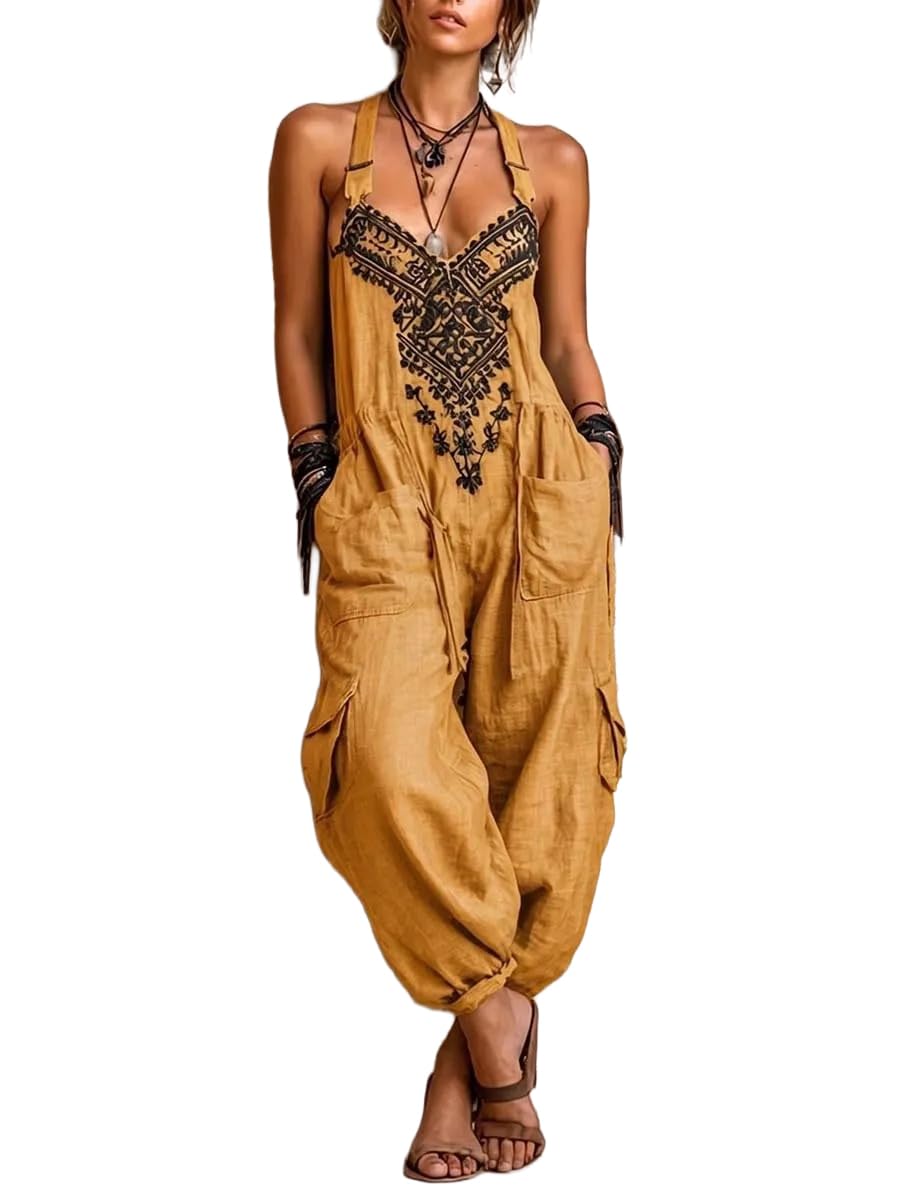 THLAI Women Boho Printed Spaghetti Strap Jumpsuit Loose Baggy Cargo Overalls Back Tie Casual Vacation Rompers