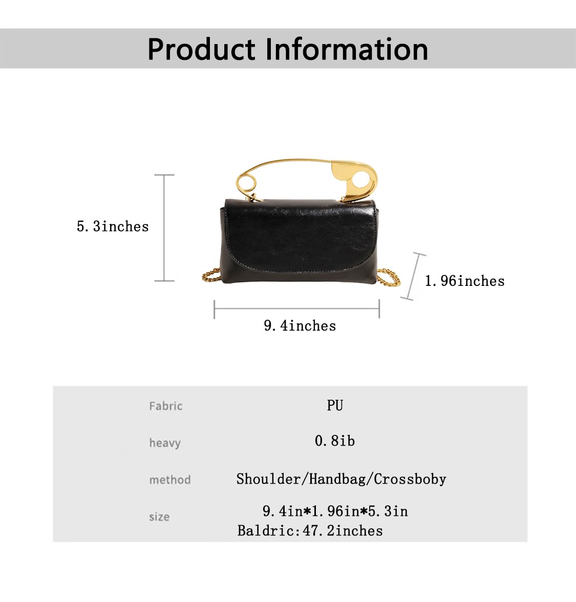 Women's Unique Safety Pin Crossbody Purse | Leather Clutch Bag Gold Handles Chain novelty clutch