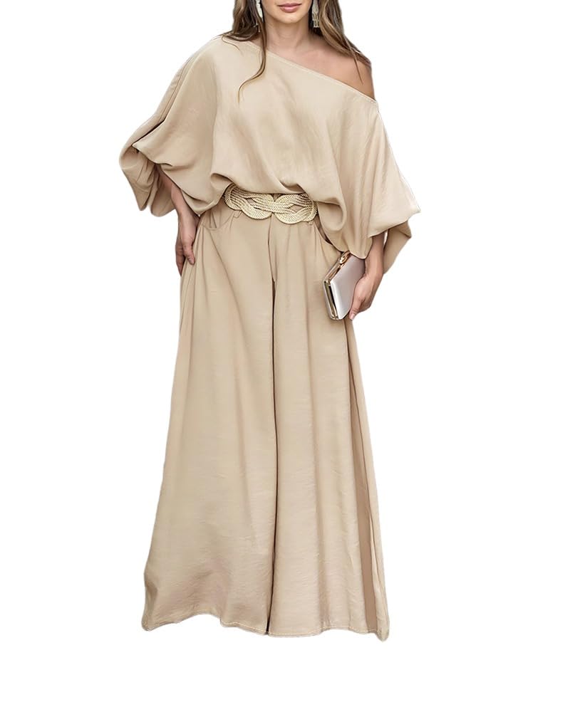 CHICME Women 2 Piece Summer Outfit Off Shoulder Flowy Wide Leg Pants Set | Off Shoulder, Lantern Sleeve Matching Set, 2 Piece Sets for Women Dressy, Vacation Travel Airport Outfits