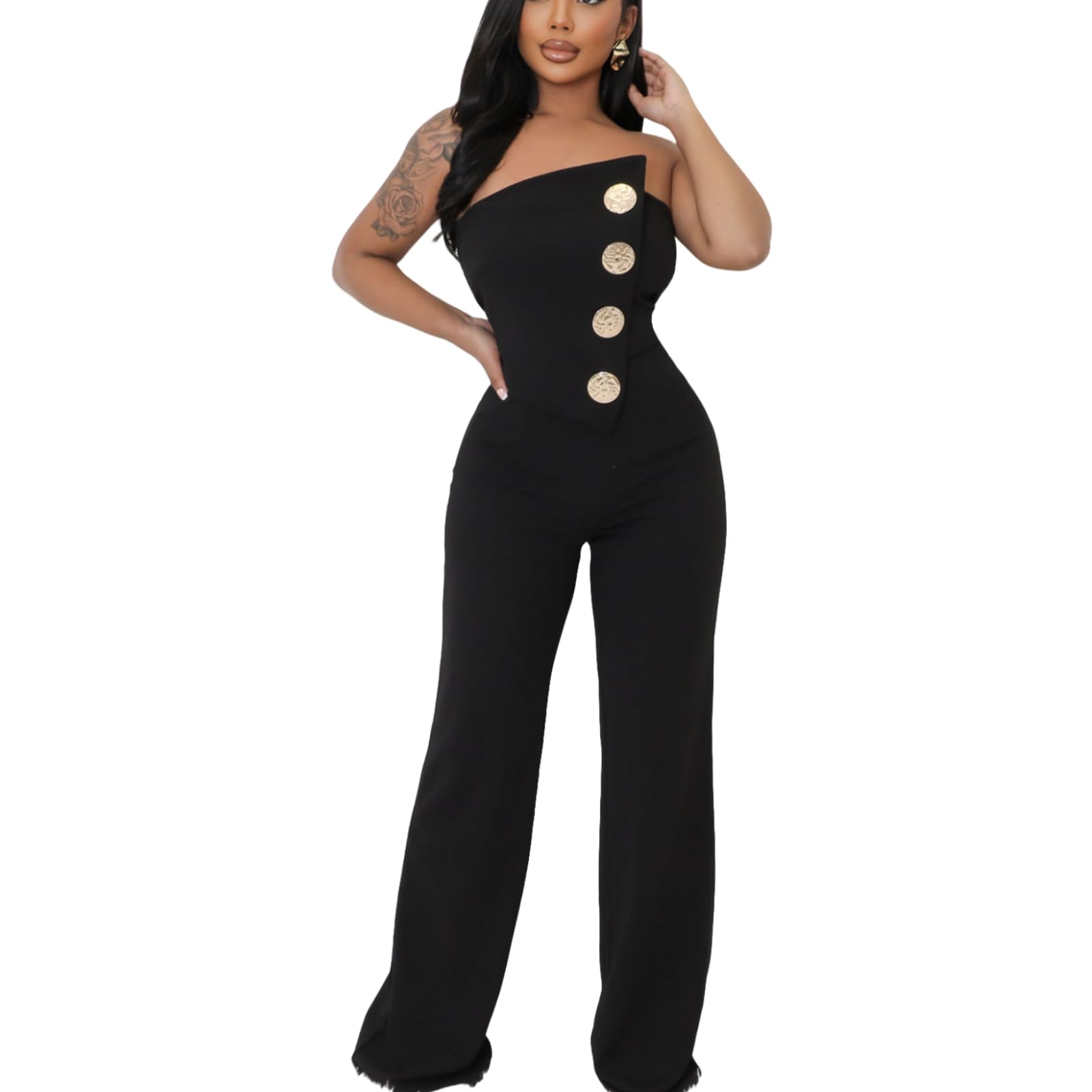 Women's fashionablesexyeleganthigh waistedwide leg pantsclub business party button jumpsuit