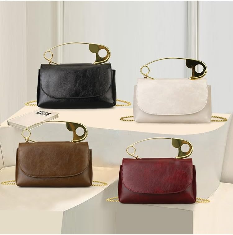 Women's Unique Safety Pin Crossbody Purse | Leather Clutch Bag Gold Handles Chain novelty clutch
