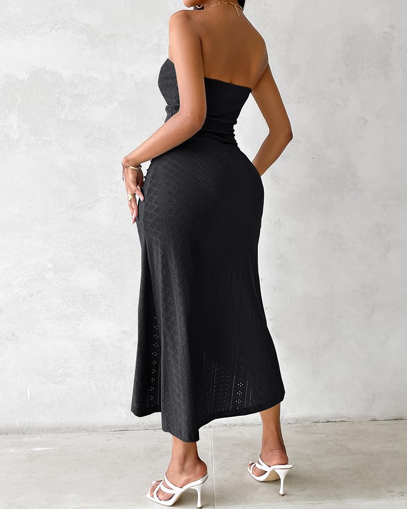 CHICME Women's Strapless Bodycon Maxi Dress Asymmetrical Hem | Ruched Wrap Detail, Eyelet Embroidery, Soft Stretch Fabric, Tube Top Neckline, Beach Vacation Wear, Wedding Guest Outfit