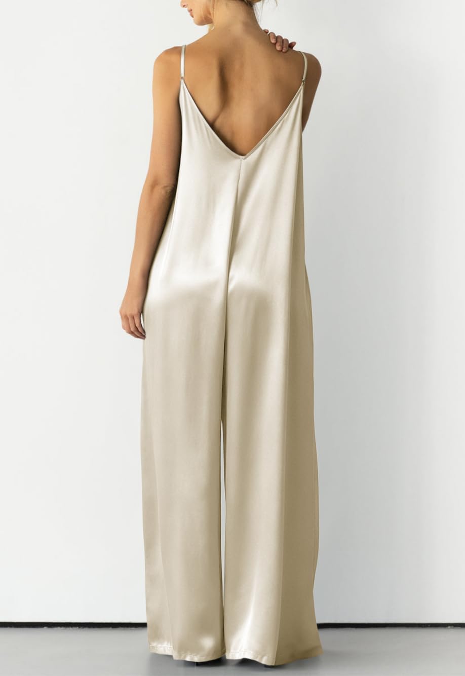 Womens Satin Wide Leg Jumpsuits Dressy Flowy Date Night Rompers Outfits | Silky Fabric,Casual Relaxed Fit,Formal,Wedding Guest,cocktail,Sexy V Neck,Spaghetti Strap,Summer,One Piece Outfit
