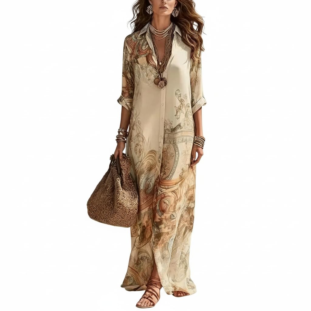Women's Baroque Print Maxi Shirt Dress V Neck 3/4 Sleeve Button Down Flowy Casual Loose Boho Long Dress