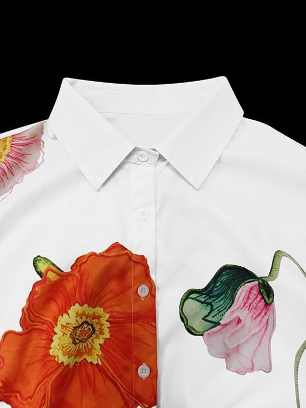 UOOZEE Women's Loose Fit Button Down Shirts Floral Long Tied Sleeve V Neck Dressy Casual High Low Blouses