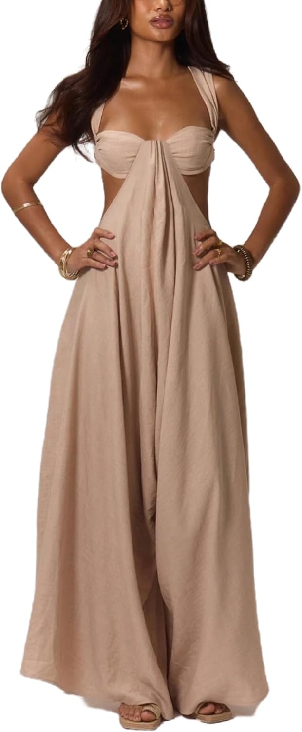 REASERAL Womens Casual Jumpsuit Halter Hollow Out Backless Top Wide Leg Pants Summer Vacation Jumpsuit
