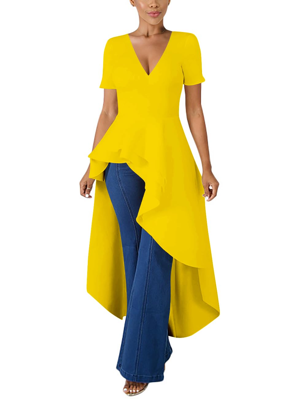 Lrady Womens V Neck Short Sleeve High Low Cocktail Party Dresses Peplum Tunic Tops Shirt Dress