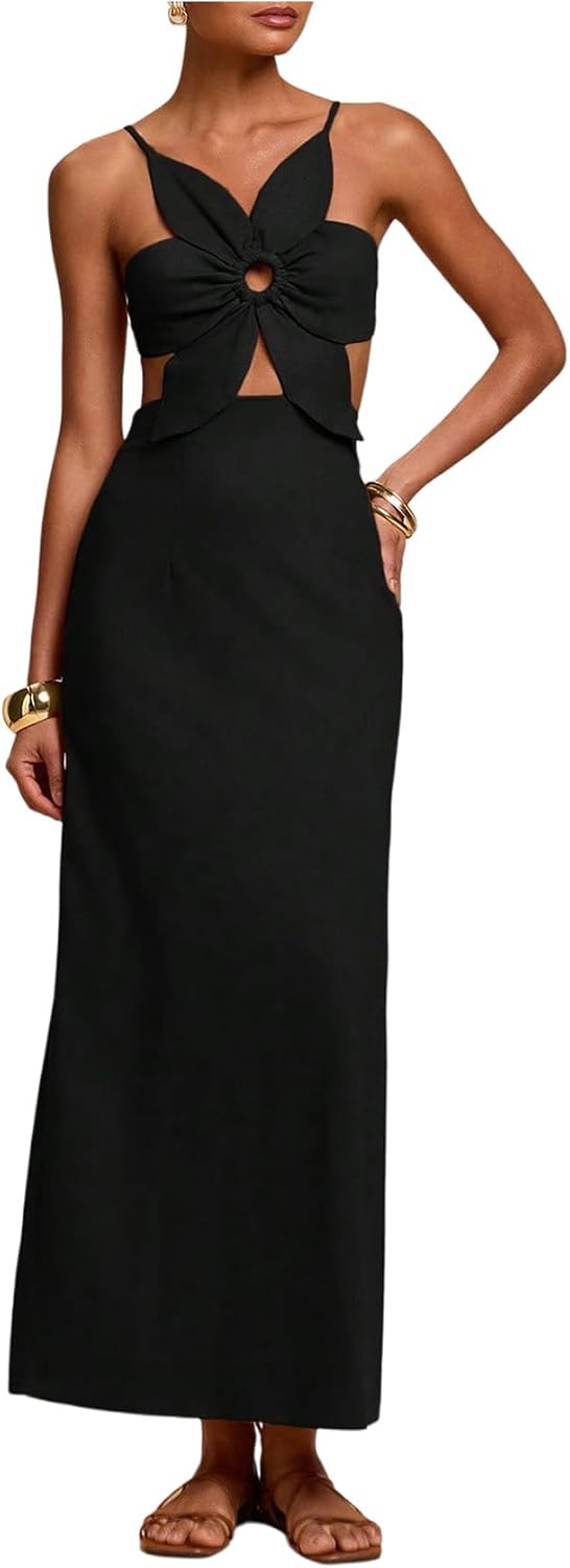 SHENHE Women's Petal Backless Linen Maxi Dress Cut Out Vacation Dresses | Keyhole, Spaghetti Strap, Open Back, Long Dress, Zipper, Summer, Date Night, Cami Dresses
