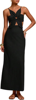 SHENHE Women's Petal Backless Linen Maxi Dress Cut Out Vacation Dresses | Keyhole, Spaghetti Strap, Open Back, Long Dress, Zipper, Summer, Date Night, Cami Dresses