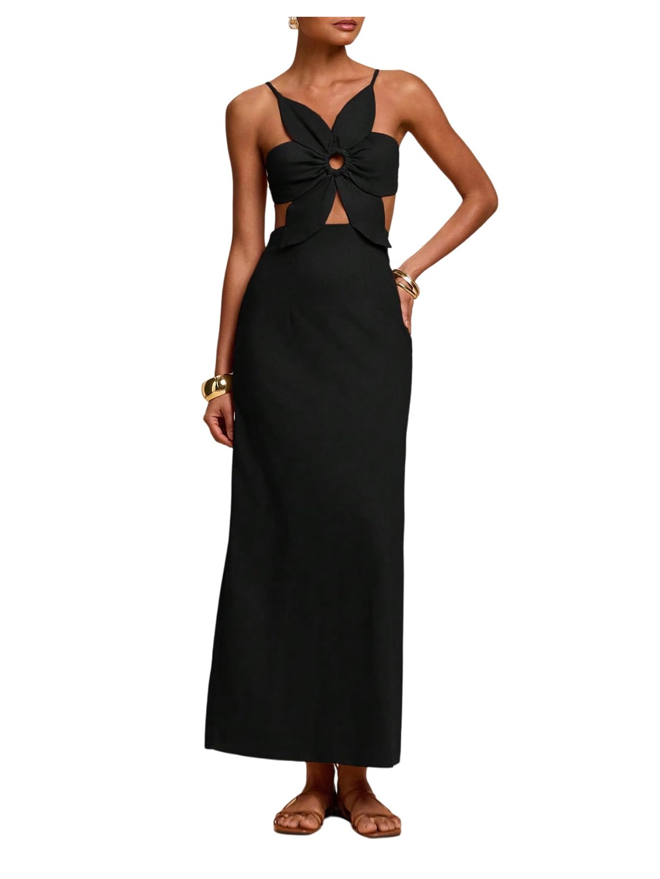 SHENHE Women's Petal Backless Linen Maxi Dress Cut Out Vacation Dresses | Keyhole, Spaghetti Strap, Open Back, Long Dress, Zipper, Summer, Date Night, Cami Dresses