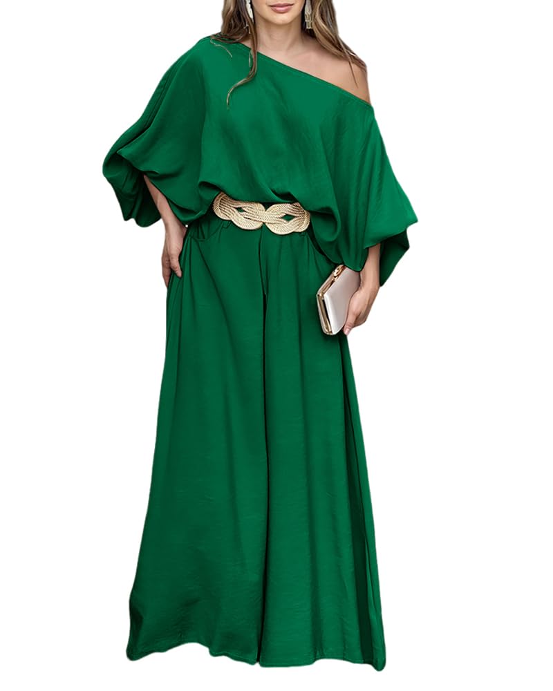 CHICME Women 2 Piece Summer Outfit Off Shoulder Flowy Wide Leg Pants Set | Off Shoulder, Lantern Sleeve Matching Set, 2 Piece Sets for Women Dressy, Vacation Travel Airport Outfits