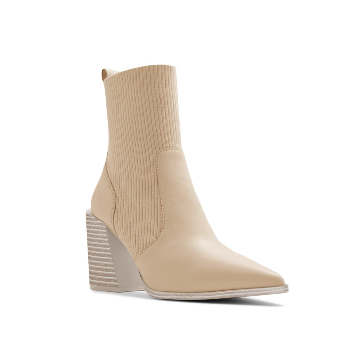 Womens Chunky Stacked Heel Ankle Boots Pointed Toe Booties Slip On Ribbed Knit Sock Boot