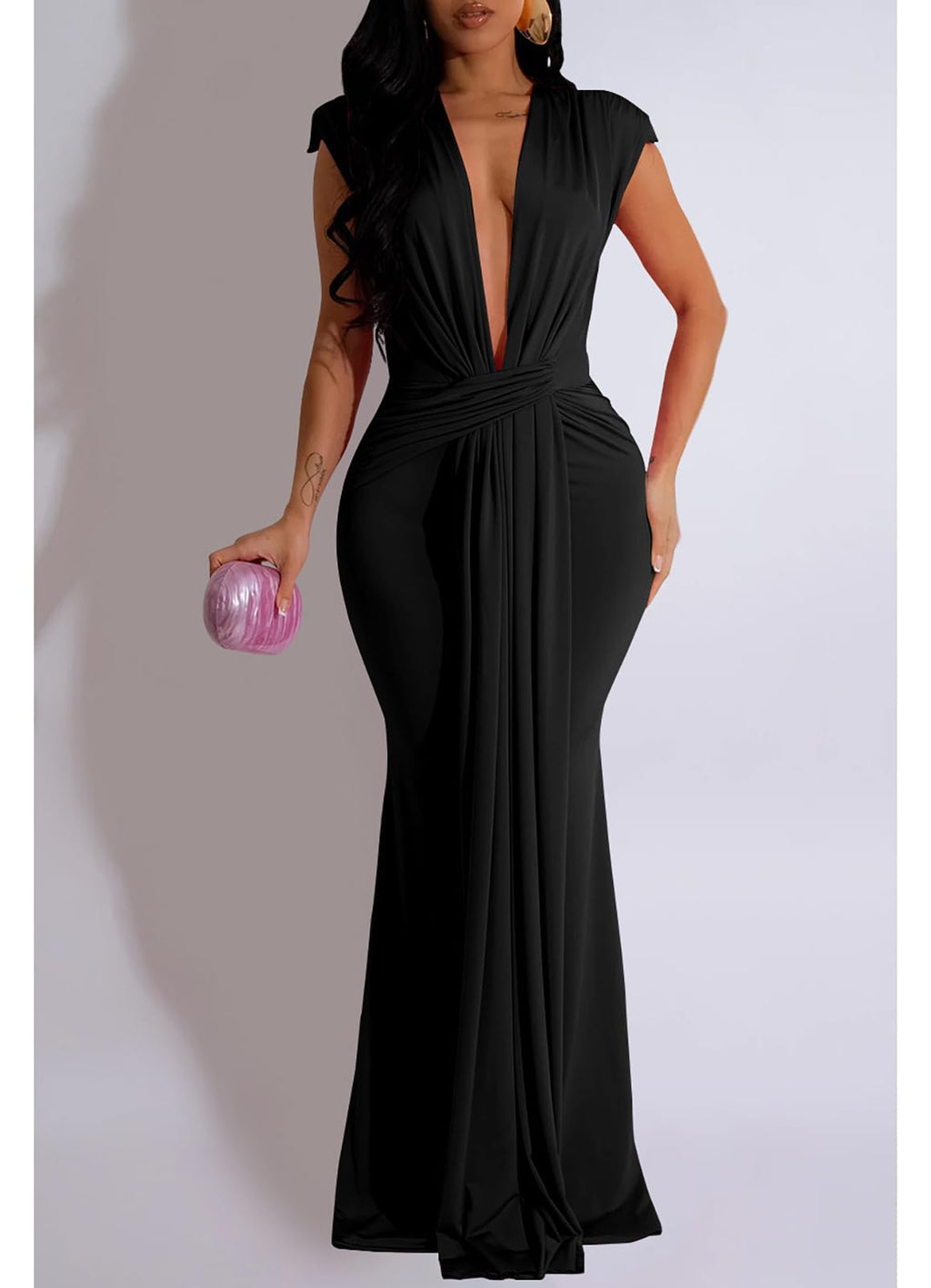 Yuopeid Women's Sexy Sleeveless Deep V Neck Fashion Ruched Bodycon Floor Length Formal Evening Party Maxi Long Dress