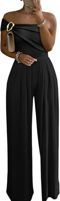 CHICME Women's Jumpsuit Dressy One Shoulder Buckle Decor Ruched Wide Leg Jumpsuits Elegant Party Overall