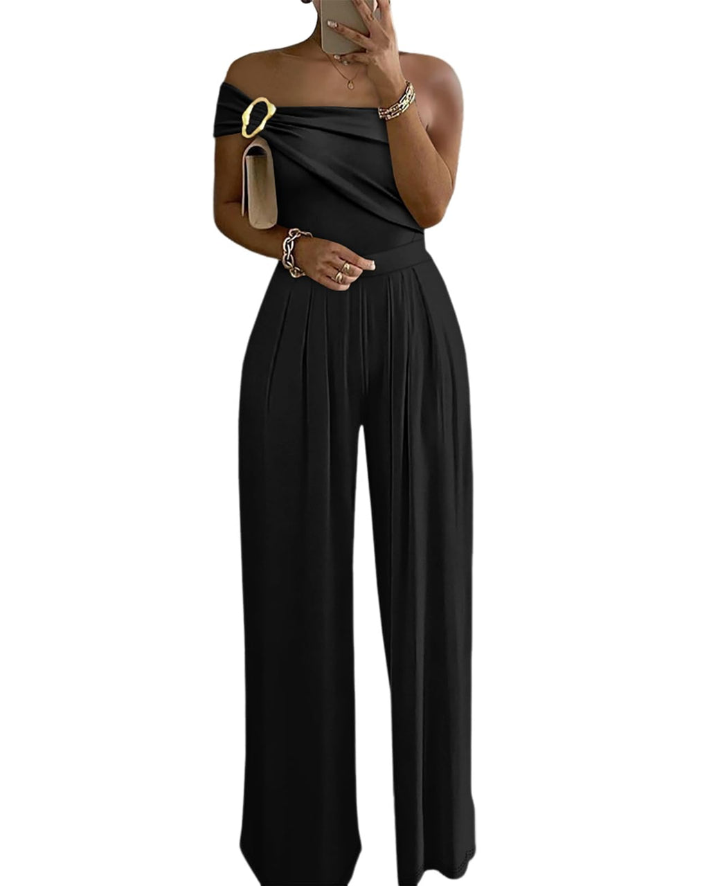 CHICME Women's Jumpsuit Dressy One Shoulder Buckle Decor Ruched Wide Leg Jumpsuits Elegant Party Overall