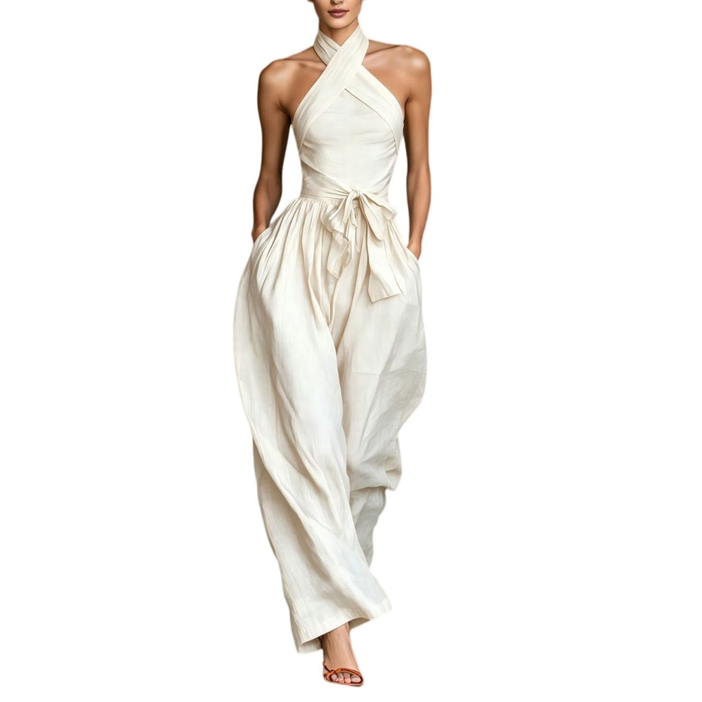 Backless Rompers for Women Casual Ink Printed Sleeveless High Waist Wide Leg Jumpsuit Sexy Halter Boho Vacation Party Outfits