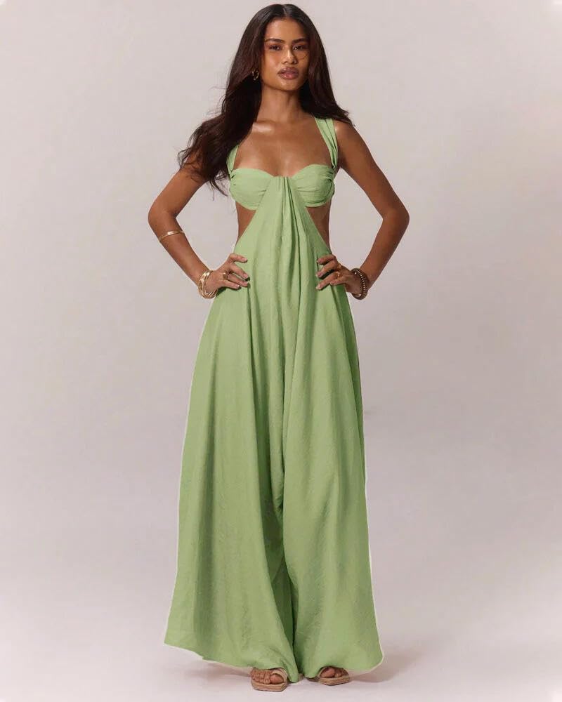 REASERAL Womens Casual Jumpsuit Halter Hollow Out Backless Top Wide Leg Pants Summer Vacation Jumpsuit