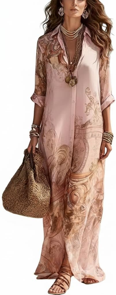 Women's Baroque Print Maxi Shirt Dress V Neck 3/4 Sleeve Button Down Flowy Casual Loose Boho Long Dress