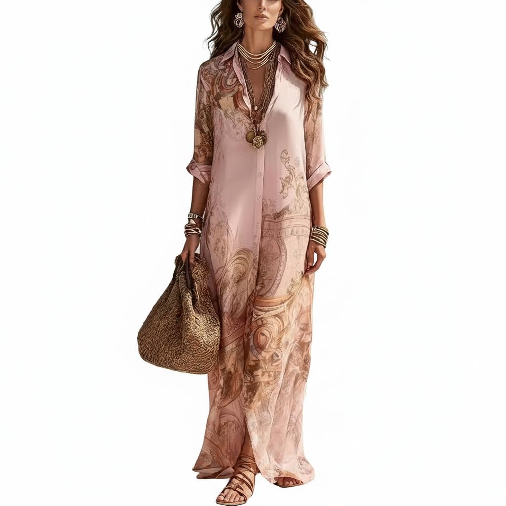 Women's Baroque Print Maxi Shirt Dress V Neck 3/4 Sleeve Button Down Flowy Casual Loose Boho Long Dress