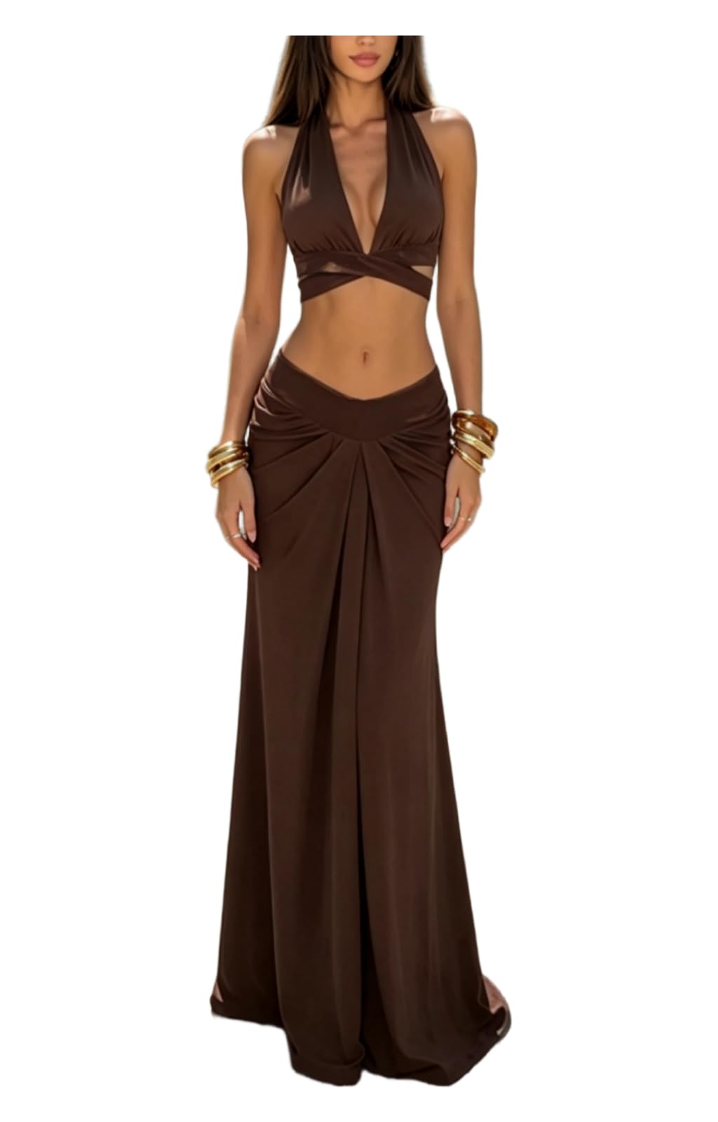 VOIKERDR Party Outfits for Women Halter Deep V Cross Wrap Crop Top Front Ruched Maxi Skirt Sets Women 2 Piece Outfits