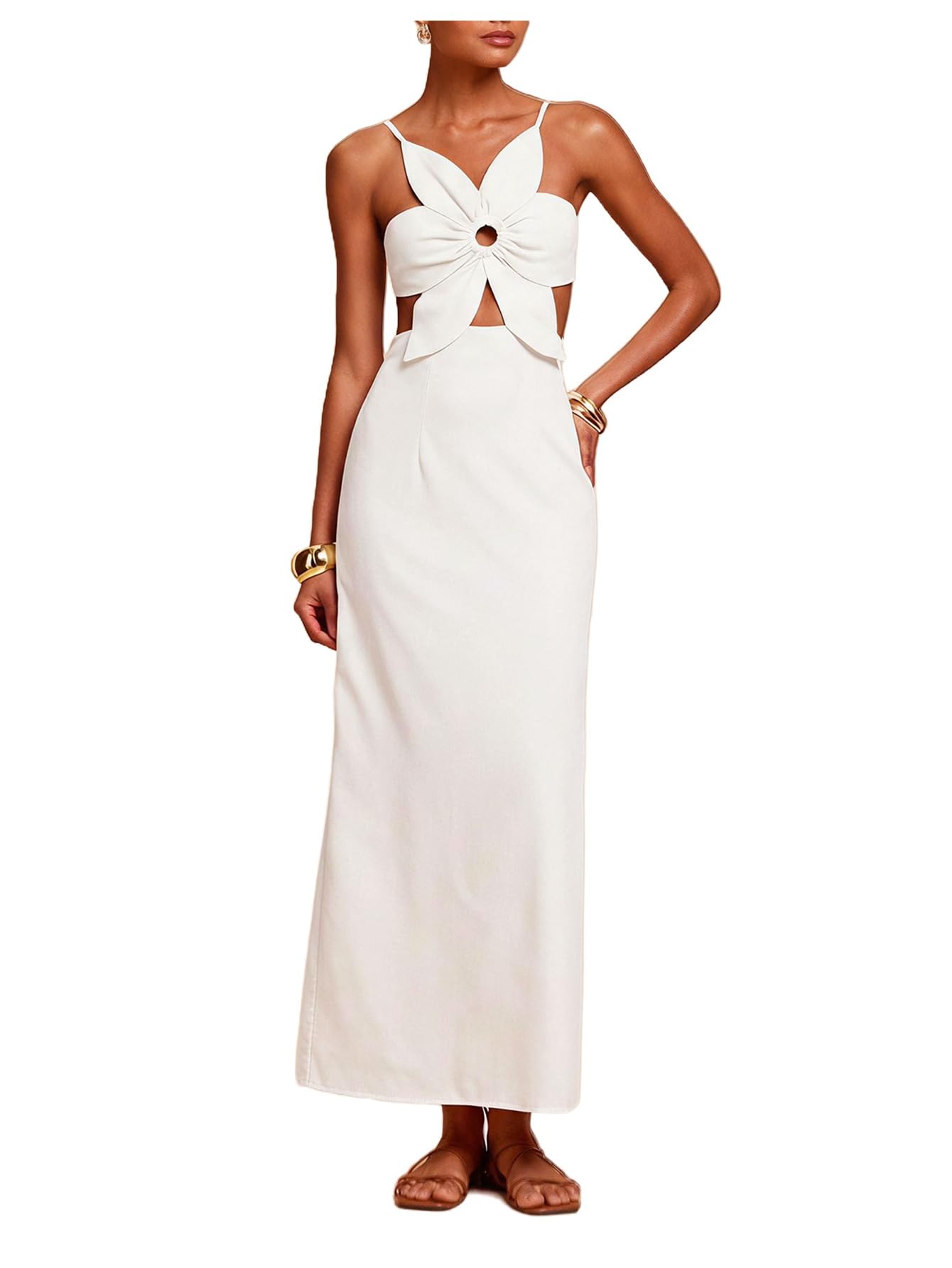 SHENHE Women's Petal Backless Linen Maxi Dress Cut Out Vacation Dresses | Keyhole, Spaghetti Strap, Open Back, Long Dress, Zipper, Summer, Date Night, Cami Dresses